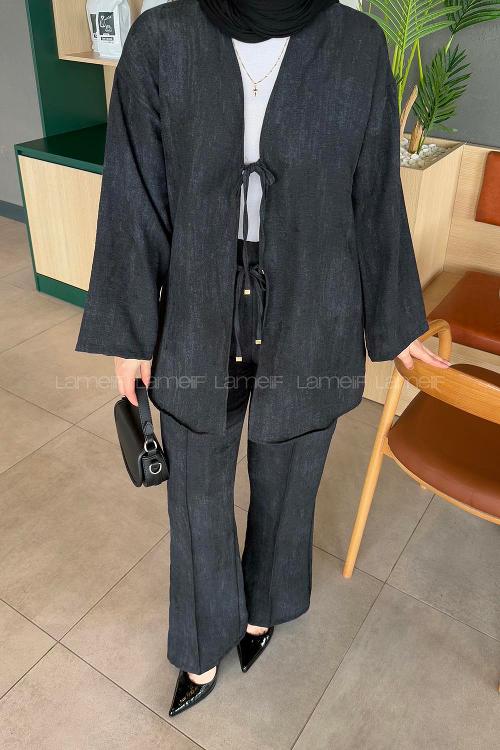 Lamelif Batikli Keten Takım Siyah