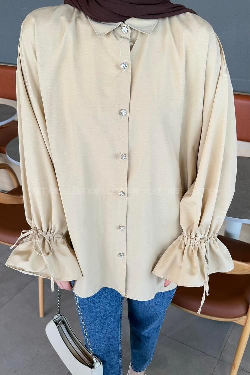 Lamelif Kol Tünel İp Detaylı Gömlek Bej