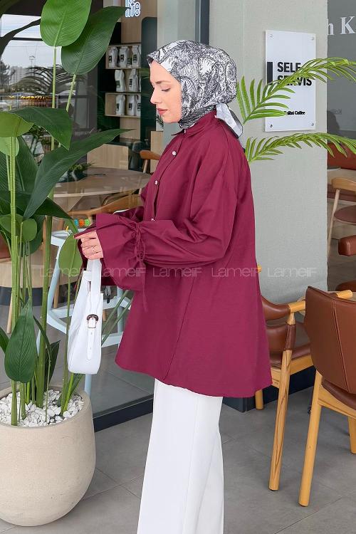 Lamelif Kol Tünel İp Detaylı Gömlek Bordo