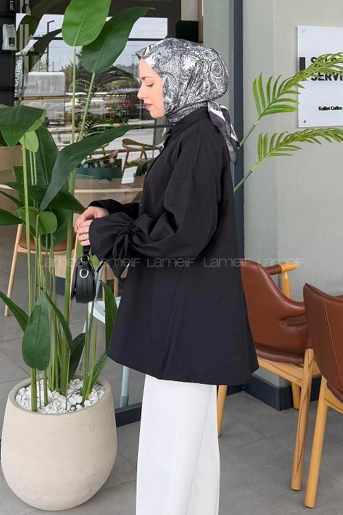 Lamelif Kol Tünel İp Detaylı Gömlek Siyah