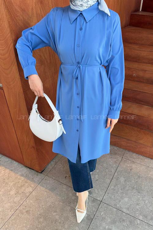 Indigo Shirt Collar Crepe Fabric Unprinted Tunic
