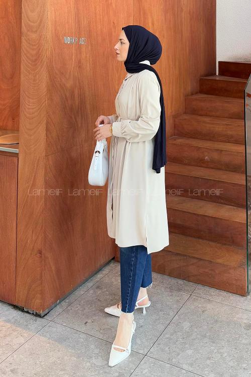 Lamelif Bağlama Detaylı Uzun Tesettür Tunik Taş Rengi
