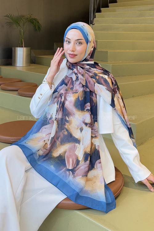 Lamelif Elegan Desen Soft  Şal Kot Mavisi