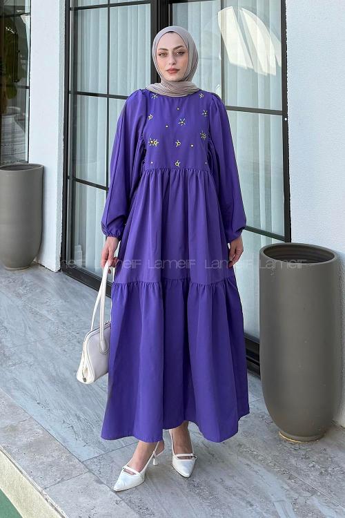 Lamelif Elica Tesettür Elbise Mor