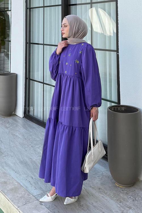Lamelif Elica Tesettür Elbise Mor