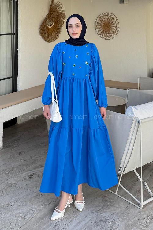Lamelif Elica Tesettür Elbise Saks Mavisi