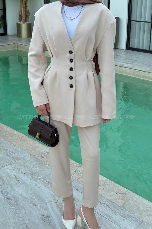 Lamelif Pensli Ceket-Pantolon İkili Takım Taş Rengi
