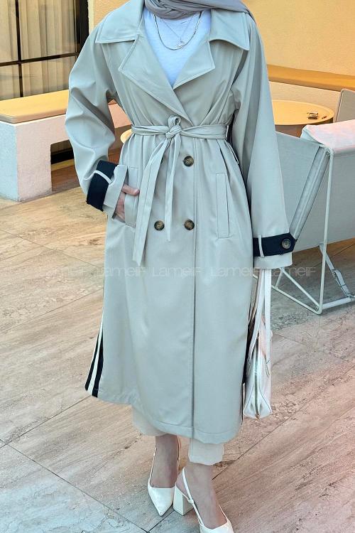 Lamelif Şerit Detay Kuşaklı Trenç Siyah