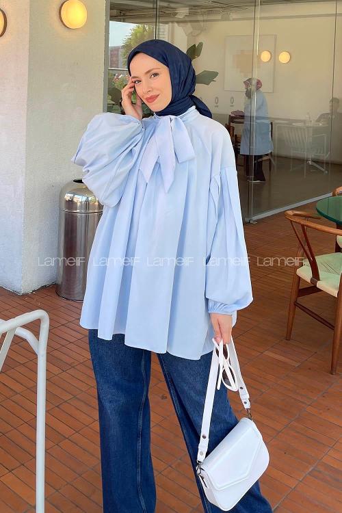 Lamelif Yaka Fular Detaylı Gömlek Bebe Mavisi