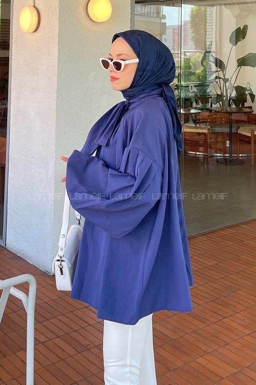 Lamelif Yaka Fular Detaylı Gömlek Lacivert