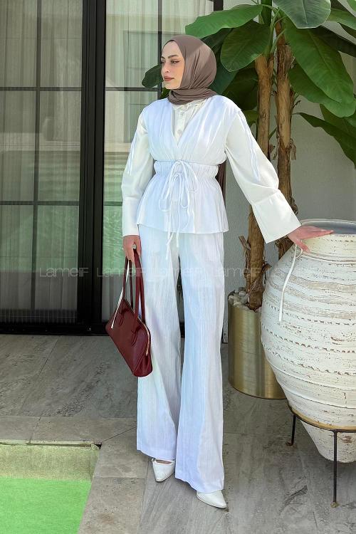Lamelif Bel Lastik Detaylı Bluz Takım Beyaz