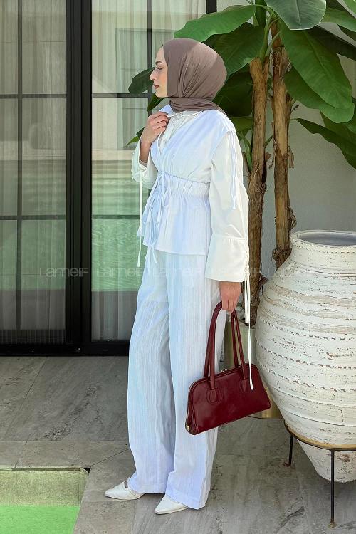 Lamelif Bel Lastik Detaylı Bluz Takım Beyaz