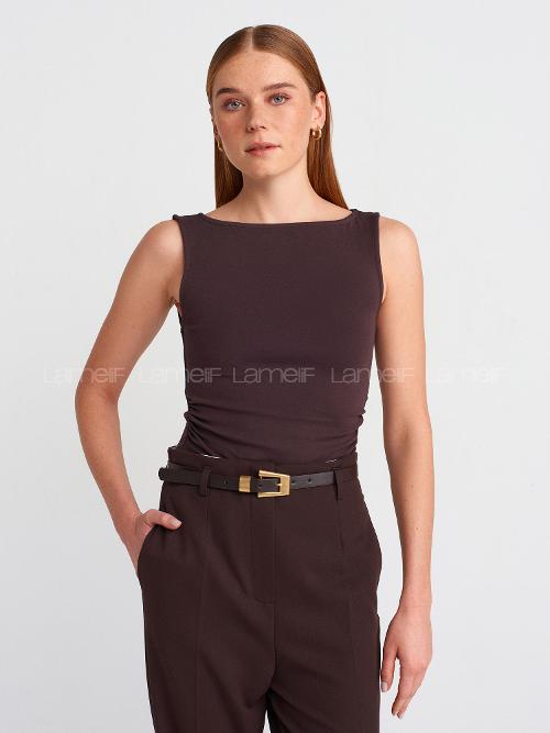 Lamelif DİLVİN 31589 Büzgülü Kayık Yaka Acı Kahve