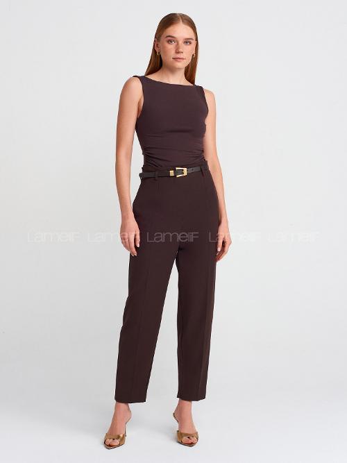 Lamelif DİLVİN 31589 Büzgülü Kayık Yaka Acı Kahve