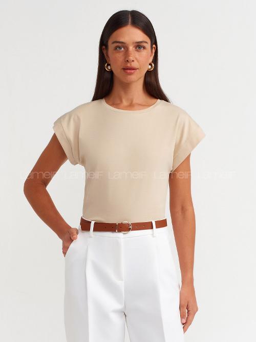 Lamelif DİLVİN 3504 Bisiklet Yaka Penye T-Shirt Ekru