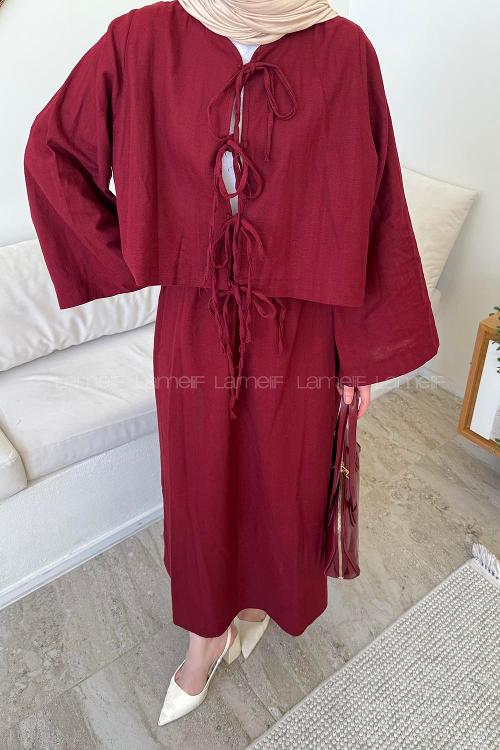 Lamelif Önü Bağlamalı Keten Takım Bordo