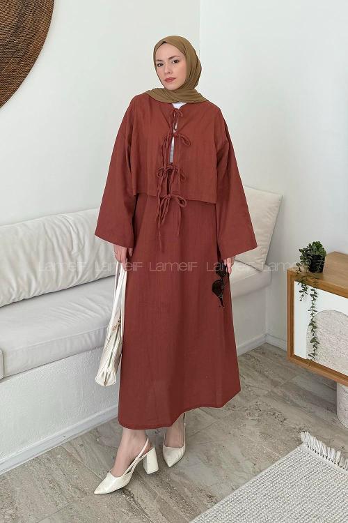 Lamelif Önü Bağlamalı Keten Takım Kiremit