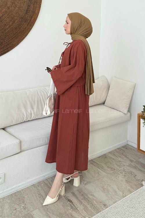 Lamelif Önü Bağlamalı Keten Takım Kiremit