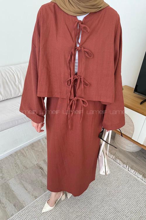 Lamelif Önü Bağlamalı Keten Takım Kiremit