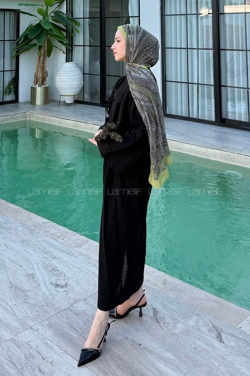 Lamelif Önü Bağlamalı Keten Takım Siyah