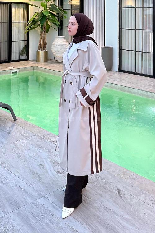 Lamelif Şerit Detay Kuşaklı Trenç Kahve