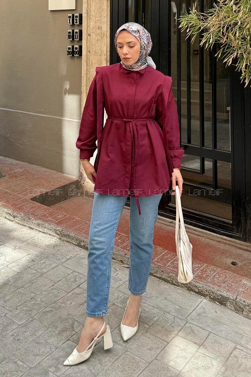 Lamelif Bel Bağlamalı Omuz Vatkalı Gömlek Bordo