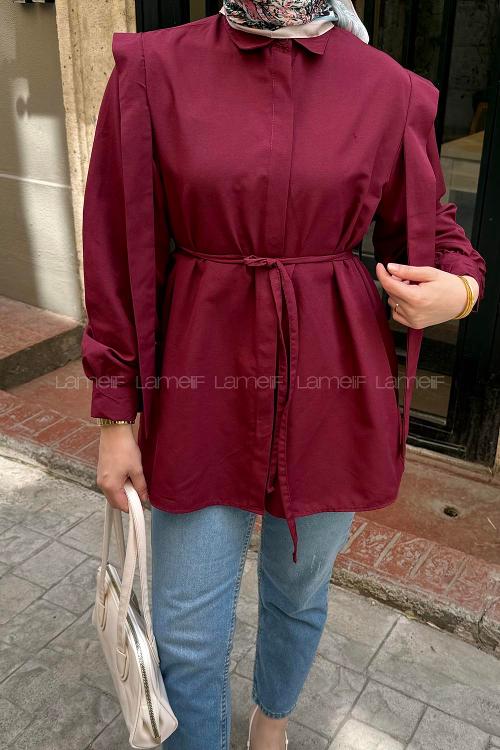 Lamelif Bel Bağlamalı Omuz Vatkalı Gömlek Bordo