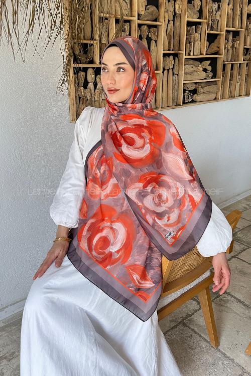 Lamelif Çiçek Desen Pamuk Şal Antrasit Turuncu