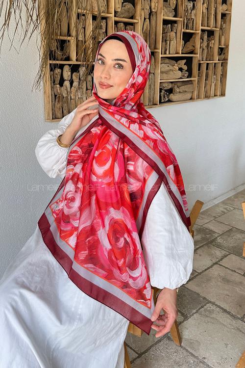 Lamelif Çiçek Desen Pamuk Şal Bordo
