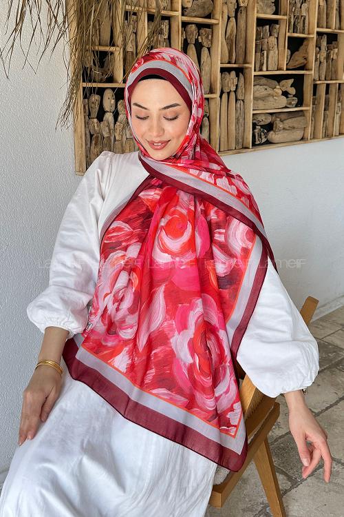 Lamelif Çiçek Desen Pamuk Şal Bordo