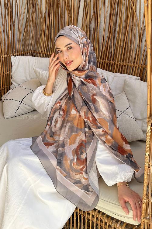 Lamelif Çiçek Desen Pamuk Şal Füme Vizon