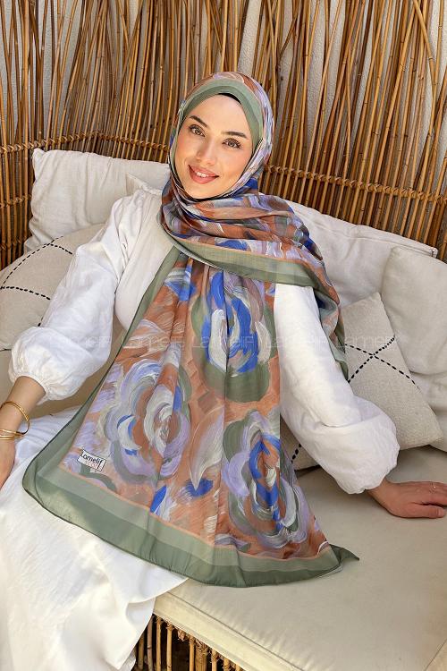 Lamelif Çiçek Desen Pamuk Şal Haki