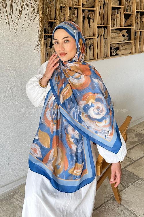Lamelif Çiçek Desen Pamuk Şal Mavi