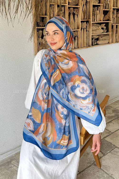 Lamelif Çiçek Desen Pamuk Şal Mavi