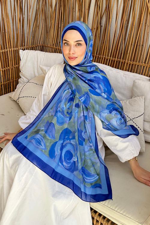 Lamelif Çiçek Desen Pamuk Şal Saks Mavisi