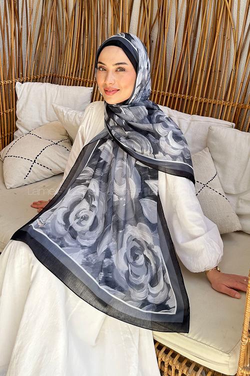 Lamelif Çiçek Desen Pamuk Şal Siyah