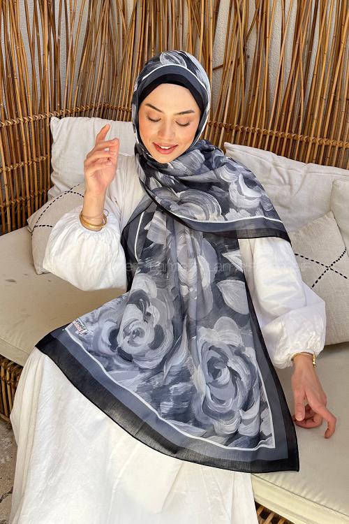 Lamelif Çiçek Desen Pamuk Şal Siyah