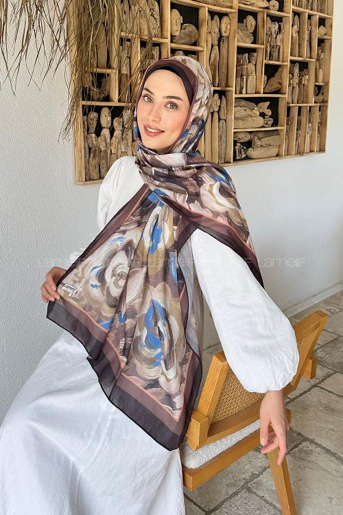 Lamelif Çiçek Desen Pamuk Şal Soft Kahve