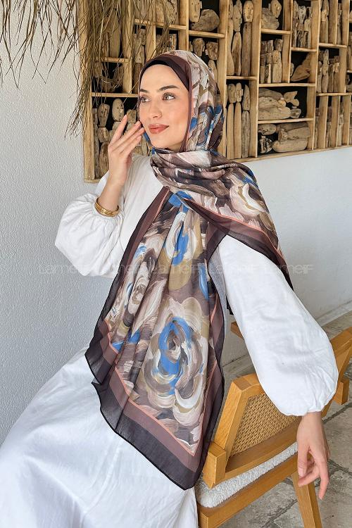 Lamelif Çiçek Desen Pamuk Şal Soft Kahve