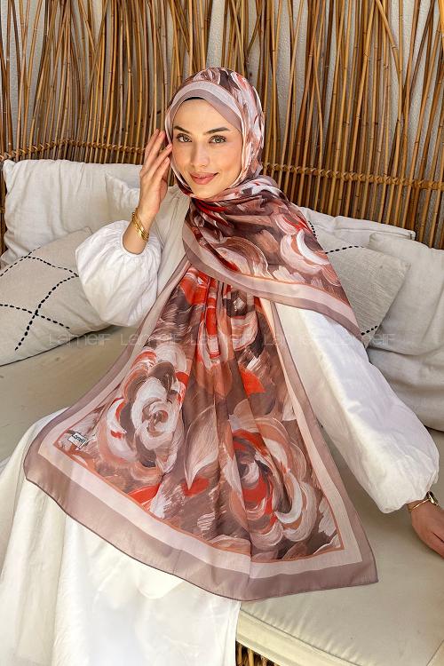 Lamelif Çiçek Desen Pamuk Şal Vizon
