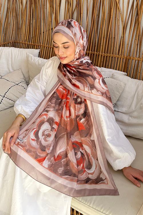 Lamelif Çiçek Desen Pamuk Şal Vizon