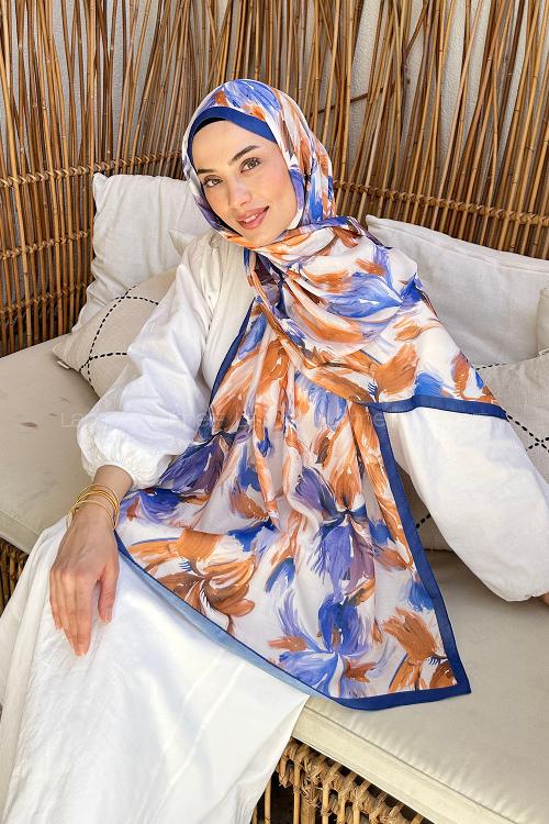 Lamelif Çicek Desen Soft Şal İndigo