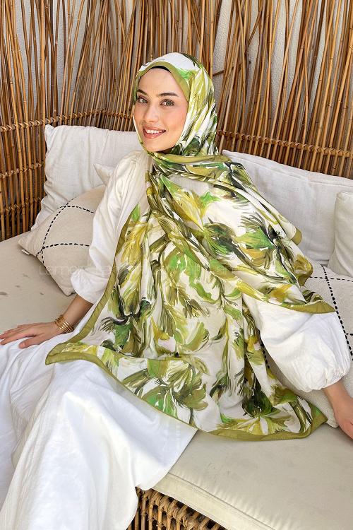 Lamelif Çicek Desen Soft Şal Yağ Yeşili