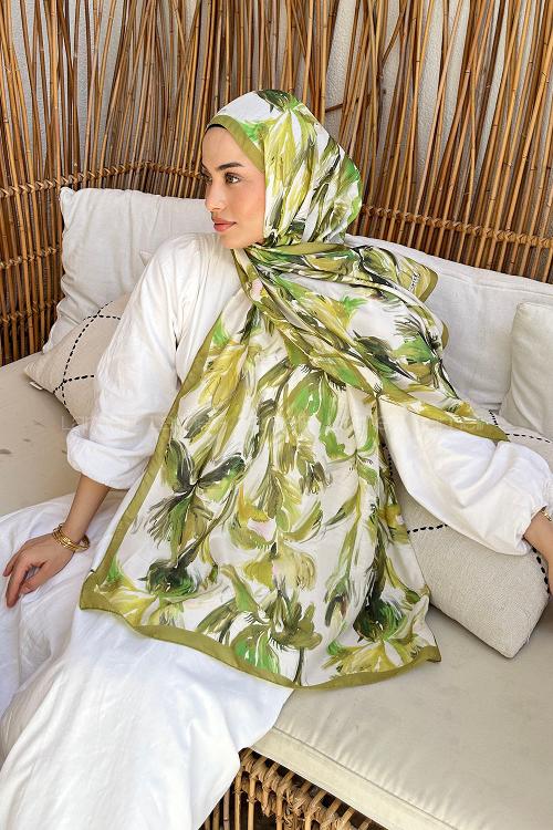 Lamelif Çicek Desen Soft Şal Yağ Yeşili