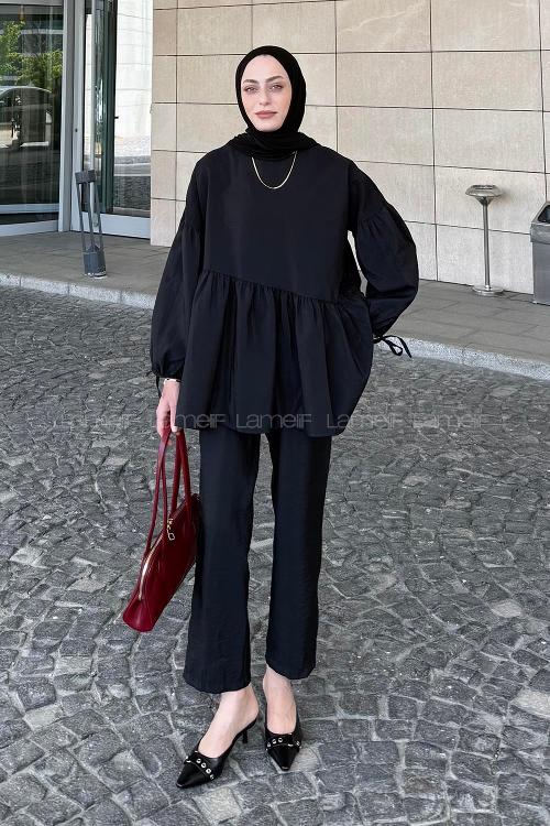 Lamelif Fırfırlı Bluz Pantolon Takım Siyah