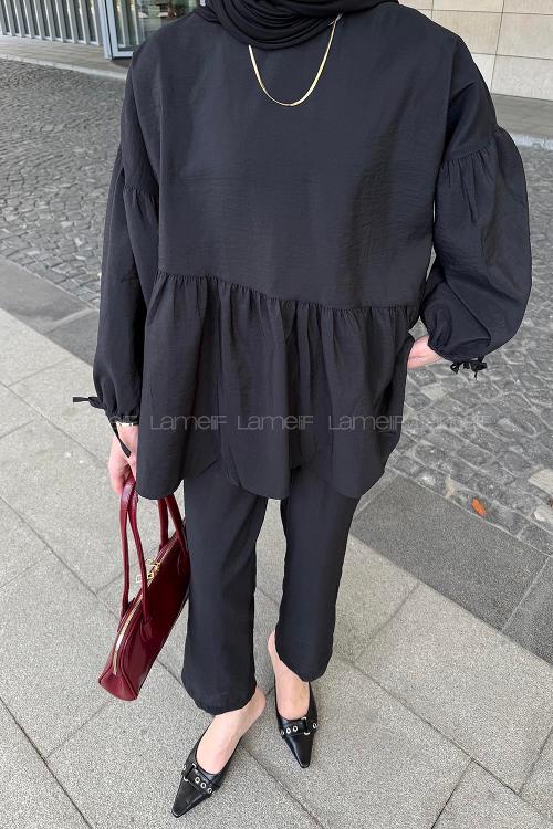 Lamelif Fırfırlı Bluz Pantolon Takım Siyah