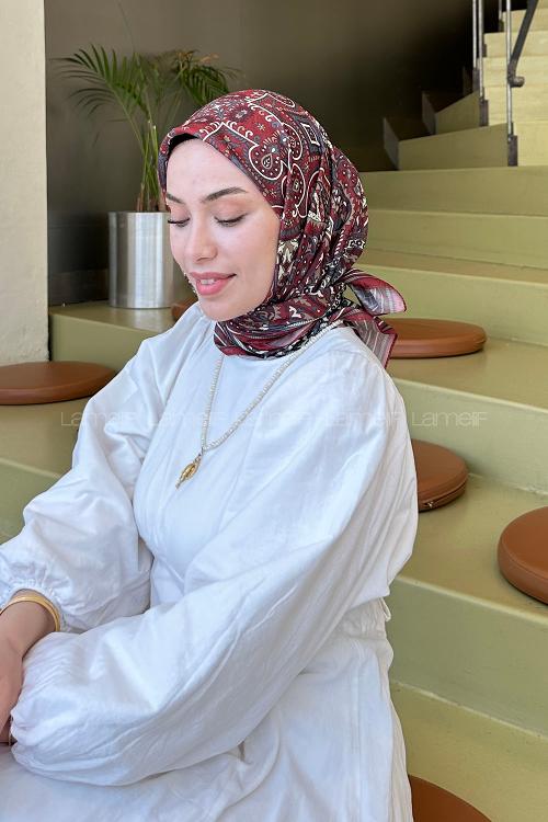 Lamelif Retro Desen Soft Eşarp Bordo Bej