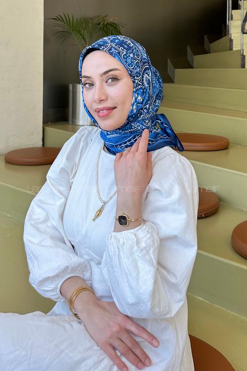 Lamelif Retro Desen Soft Eşarp Lacivert
