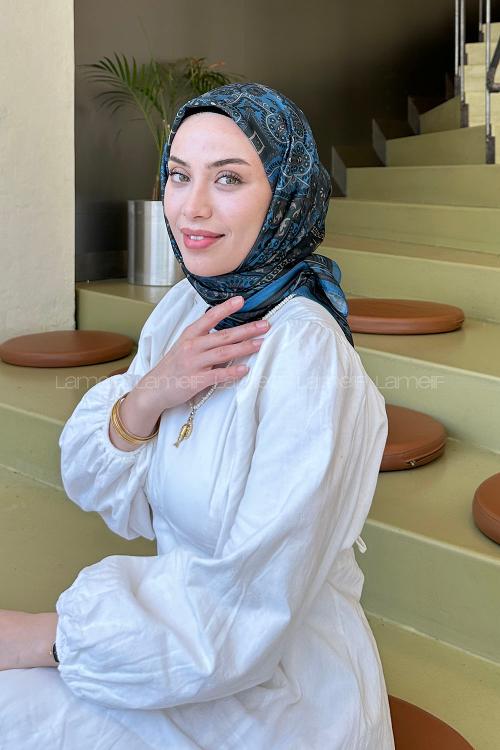 Lamelif Retro Desen Soft Eşarp Petrol Mavisi