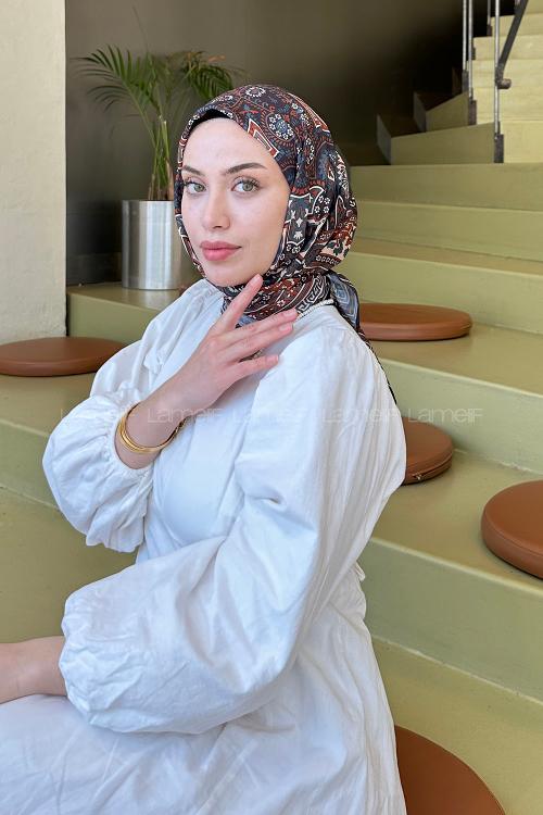 Lamelif Retro Desen Soft Eşarp Siyah Kiremit